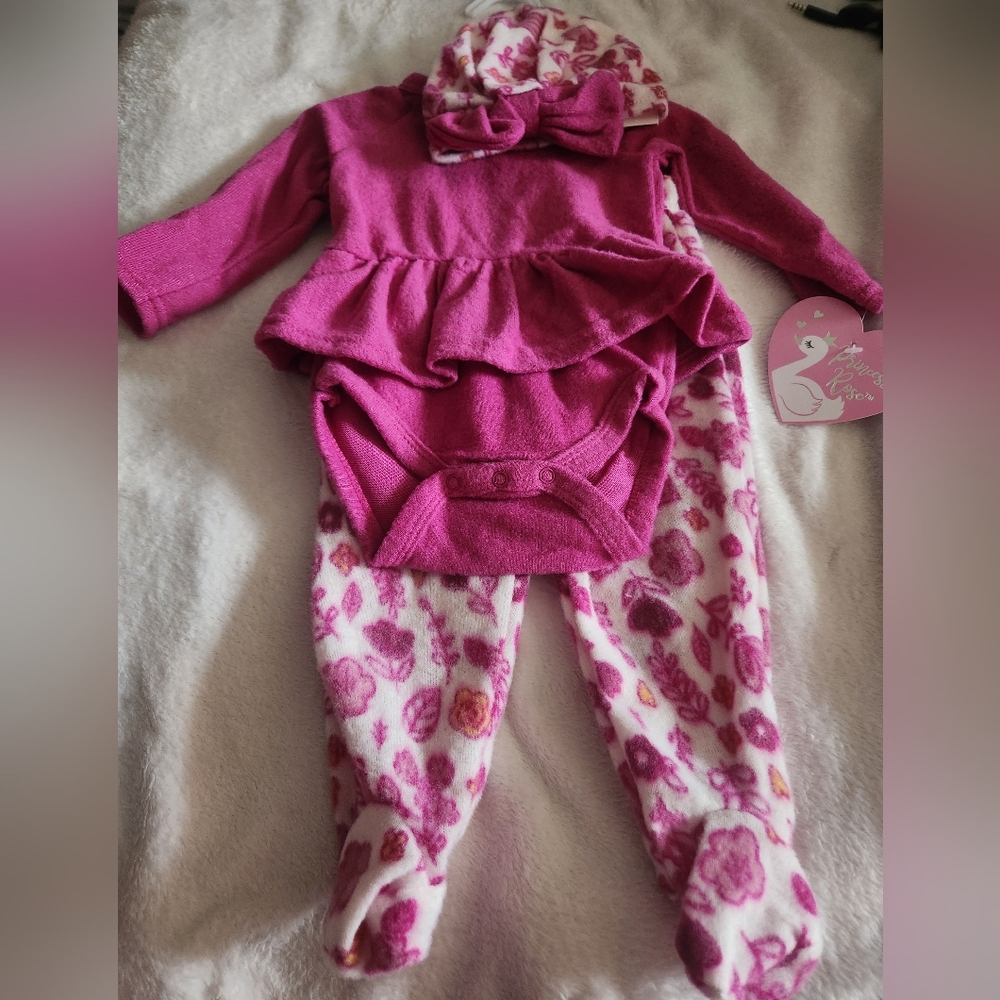 Pink Princess Pink Baby Outfit with Floral Pants And Hat